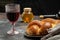 Challah bread, shabbat wine, Traditional Jewish Shabbat ritual. Shabbat or Shabath concept. top view