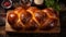 Challah on tray on wooden table, Shabbat. Homemade delicious pastries sunday, top view. AI generated