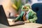 A chameleon in a business suit working on a laptop in an office. Professional humor