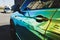 Chameleon holographic colour car. Driver`s door closeup.