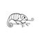 Chameleon isolated on white. Cartoon character. Hand drawn outline illustration, coloring page, monochrome. Vector