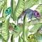 Chameleon in the jungle watercolor seamless pattern