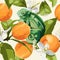 Chameleon, orange fruits with leaves and flowers, seamless pattern.