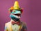 chameleon in party cone hat necklace bowtie outfit isolated on solid pastel background advertisement