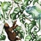 Chameleon and sloth in tropical forest watercolor seamless pattern