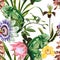 Chameleon, tropical plant and many kind of tropical flowers, seamless pattern.