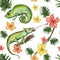 Chameleons in tropical forest watercolor seamless pattern