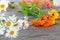 Chamomile, calendula and other garden flowers for a bouquet on a wooden table