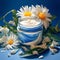 Chamomile cream. Face and body care. Cosmetics in small jar near chamomile flowers on blue background copy space