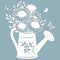 Chamomile, dandelion and stokesia in a jar of water. watering can. Vector illustration. Paper flower, stickers. Laser cut.