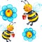 Chamomile flower seamless pattern, cartoon flying bees with honey on white background.