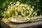 Chamomile flowers in teacup on wooden table in garden