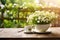 Chamomile flowers in teacup on wooden table in garden