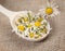 Chamomile flowers on a wooden spoon