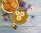 chamomile tea, cornflower biscuit table summer plant vintage breakfast refreshment on a wooden background