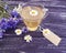 Chamomile tea, cornflower rustic morning retro on a vintage wooden background