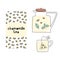 Chamomile tea packaging design, teapot, cup. Hand drawn doodle illustration of healthy hot drink.