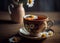 chamomile tea on wooden background, cup with warm aromatic drink, relaxation and detox. AI Generated