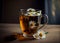 chamomile tea on wooden background, transparent cup with warm aromatic drink, relaxation and detox. AI Generated