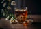 chamomile tea on wooden background, transparent cup with warm aromatic drink, relaxation and detox. AI Generated