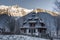 Chamonix, France - December 28, 2018: Jazzclub bar in chamonix wich alps mountain in the background