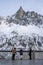 Chamonix, France - December 28, 2018: Tourists taking photo with Aiguille du Dru on observation deck