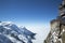 Chamonix terrace overlooking Mont Blanc massif at the mountain top station of the Aiguille du Midi in French Apls