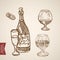 Champagne bottle alcohol spirit glasses engraving retro
