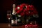 Champagne bottle and beautiful roses bouquet by Generative Ai