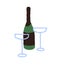 Champagne bottle and coupe glasses. Champaign wine and two wineglasses, stemmed saucers composition. Alcohol drink