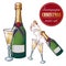 Champagne bottle and glasses. Closed and open champagne bottle and glasses, holiday toast, cork jumping out with