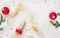 Champagne bottle and glasses with gold confetti on festive table