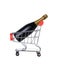 A Champagne bottle inside a grocery store shopping cart, isolated on white