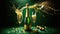 Champagne bottle popping with a splash, bubbles and droplets on green background. Two glasses filled champagne