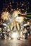 Champagne bottle with two flutes over sparkling fireworks background. Party decoration disco balls and golden glitter