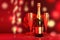 Champagne Bottle and Two Glasses Celebration party Roses Bokeh Red Background AI Generative