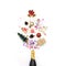 Champagne bottle with various party confetti and christmas decoration on a white background.