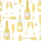 Champagne bottle vector seamless pattern background. Hand drawn bubbles, glasses, fizzy drink white gold backdrop