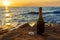 Champagne bottle and wine glass with sparkling wine against amazing sea landscape at sunset. Beautiful still life with alcohol