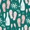 Champagne bottles and flip flop shoe vector seamless pattern background. Hand drawn glasses, sparkling wine, sandals