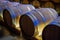 Champagne brut sparkling wine production in oak wooden barrels in underground cellar, Reims, Champagne, France