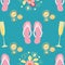 Champagne bubbles and flip flop shoe vector seamless pattern background. Glasses, sparkling wine, sandals, flowers gold