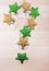 Champagne empty glass question mark new year toy stars green gold wooden table