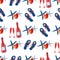 Champagne,flip flop shoes seamless vector pattern background. Red, blue white backdrop of bottles, glasses, hearts