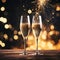 Champagne flutes clinking under fireworks new year celebration background