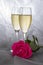 Champagne Flutes and a Pink Rose on Gray Tulle Background #2