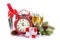 Champagne, gift boxes and christmas clock