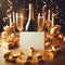 Champagne and gift, golden decoration, bubbly cup of champagne