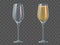 Champagne glass. Fill and empty transparent wineglasses with sparkling wine. Valentine day, christmas and wedding 3d