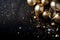 Champagne glass and golden Bombs, Balloons, confetti and streamers.New Year\\\'s Eve background, banner with space for your own